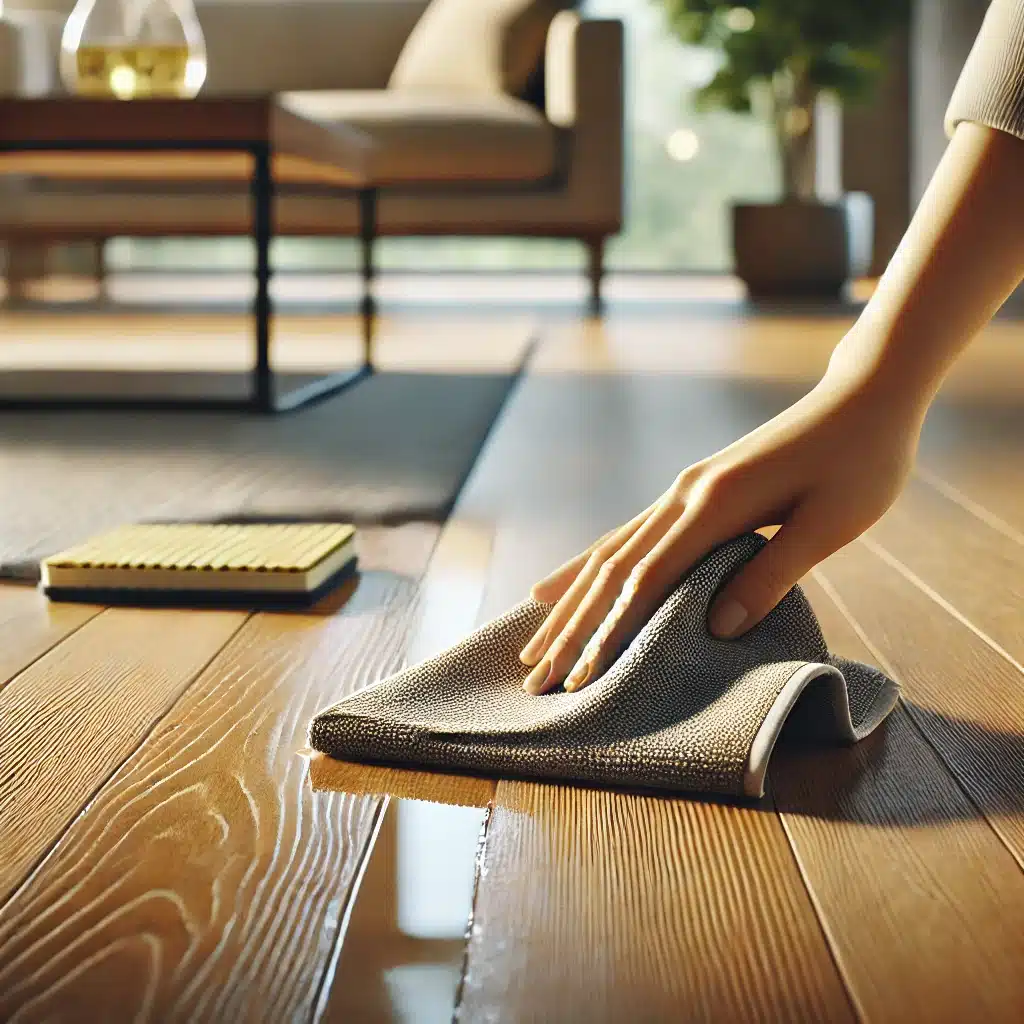 Mano limpiando piso de madera con paño húmedo | Maderas Outlet