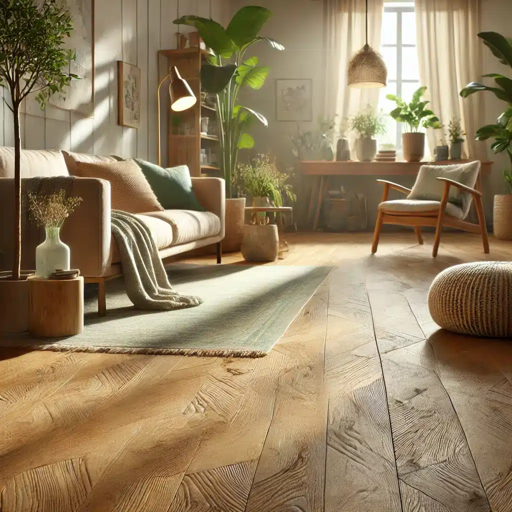 Sala con piso de madera y decoración ecológica | Maderas Outlet