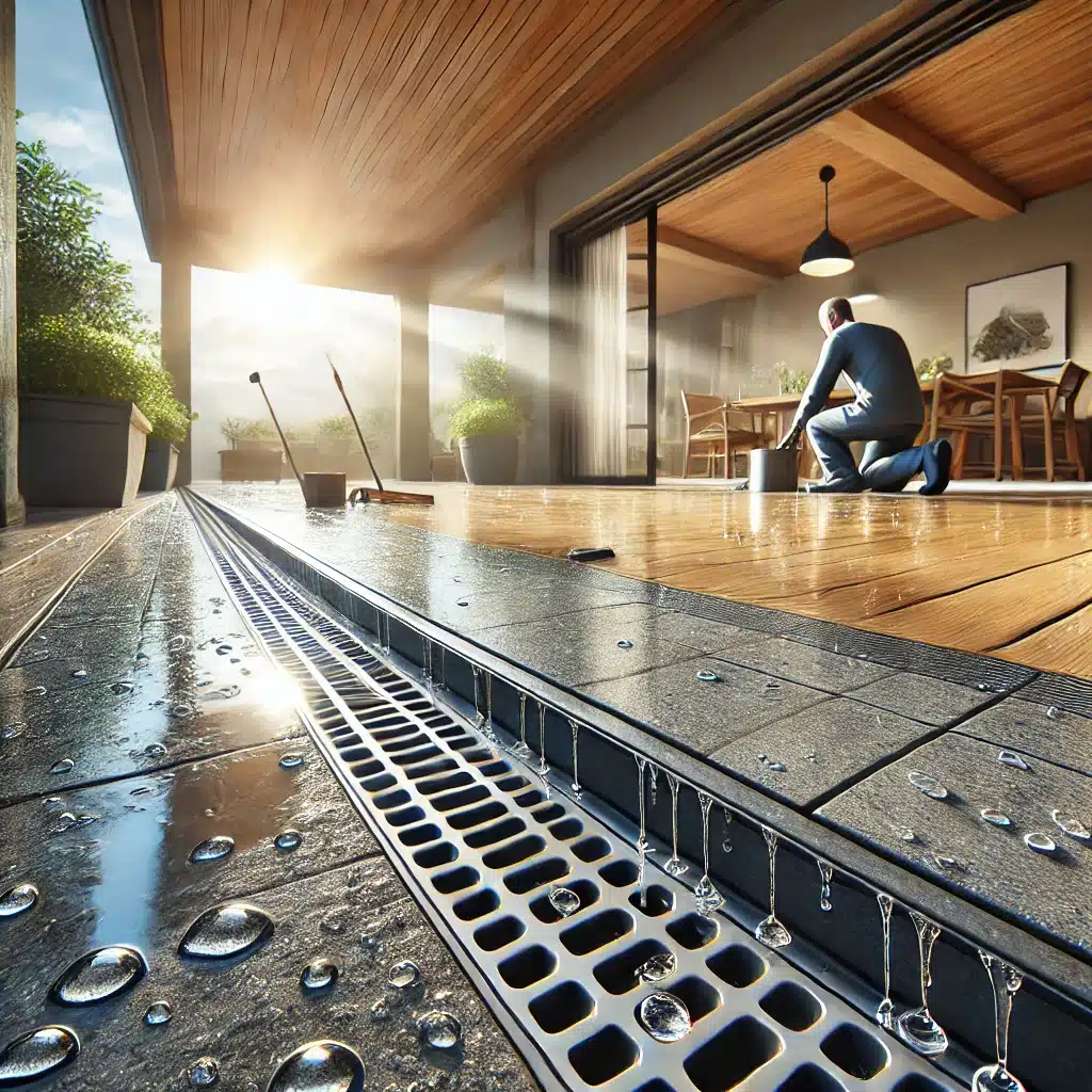 Persona inspecciona suelo con drenaje y sellador UV | Maderas Outlet