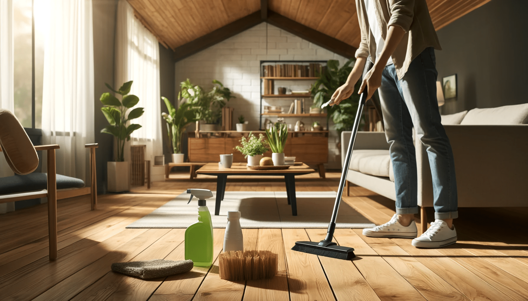 Sala limpia con suelos de madera, persona barriendo y aspirando, productos de limpieza. Estudios de capacidad en contra del estrés al vivir con madera | Maderas Outlet