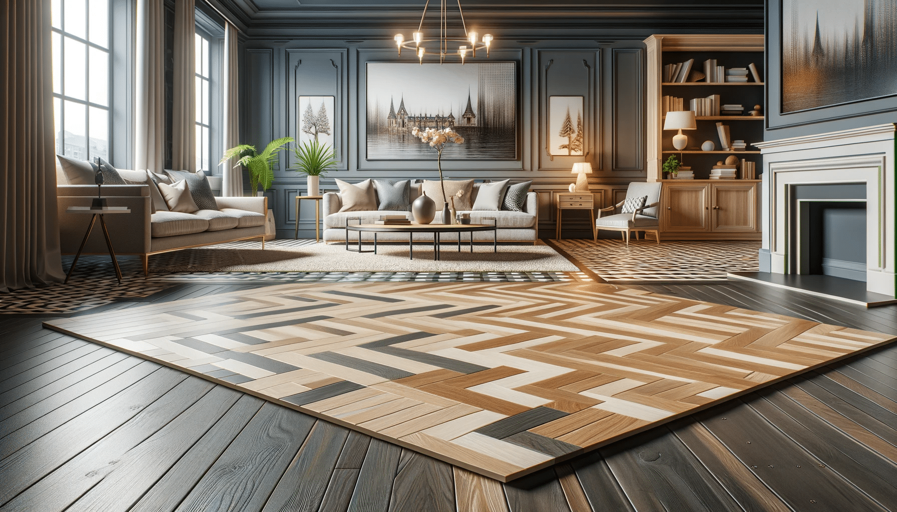 Sala con piso de maderas en diseño de parquet y tarima flotante, bien iluminada | Maderas Outlet.