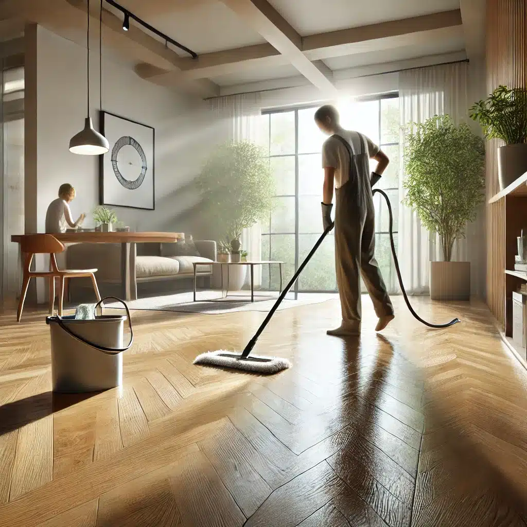 Persona limpiando piso de madera con luz natural | Maderas Outlet