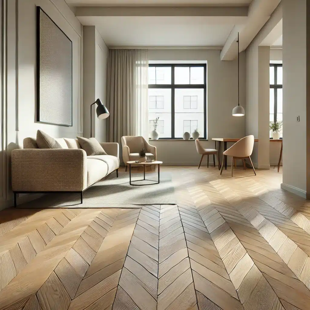 Sala pequeña con piso en espina de pez diagonal clara | Maderas Outlet