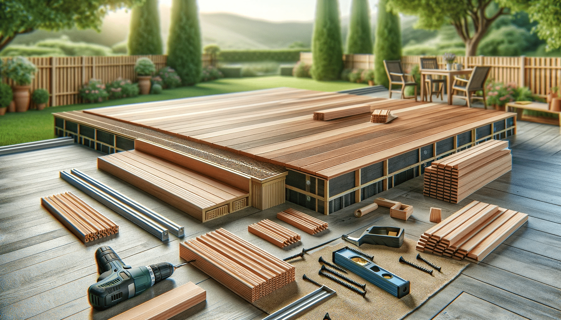 Instalación de un deck de maderas en un patio, mostrando tablas, tornillos, y herramientas. | Maderas Outlet