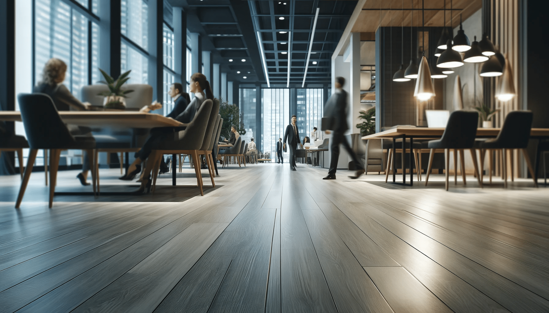 Área comercial con piso de madera de ingeniería resistente a arañazos y manchas. Equipo de construcción en medida para edificio. | Maderas Outlet