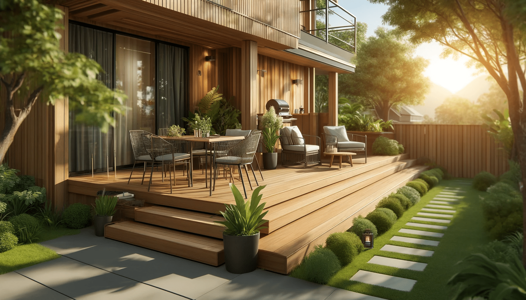 Hermoso deck de madera con muebles de exterior y plantas en un entorno soleado | Maderas Outlet