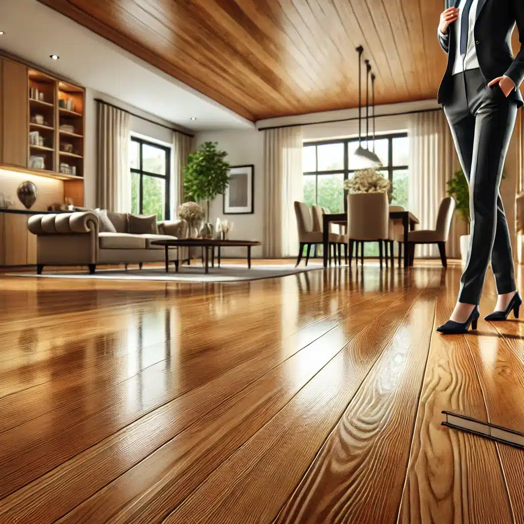 Interior con piso de madera y agentes mostrando la propiedad | Maderas Outlet
