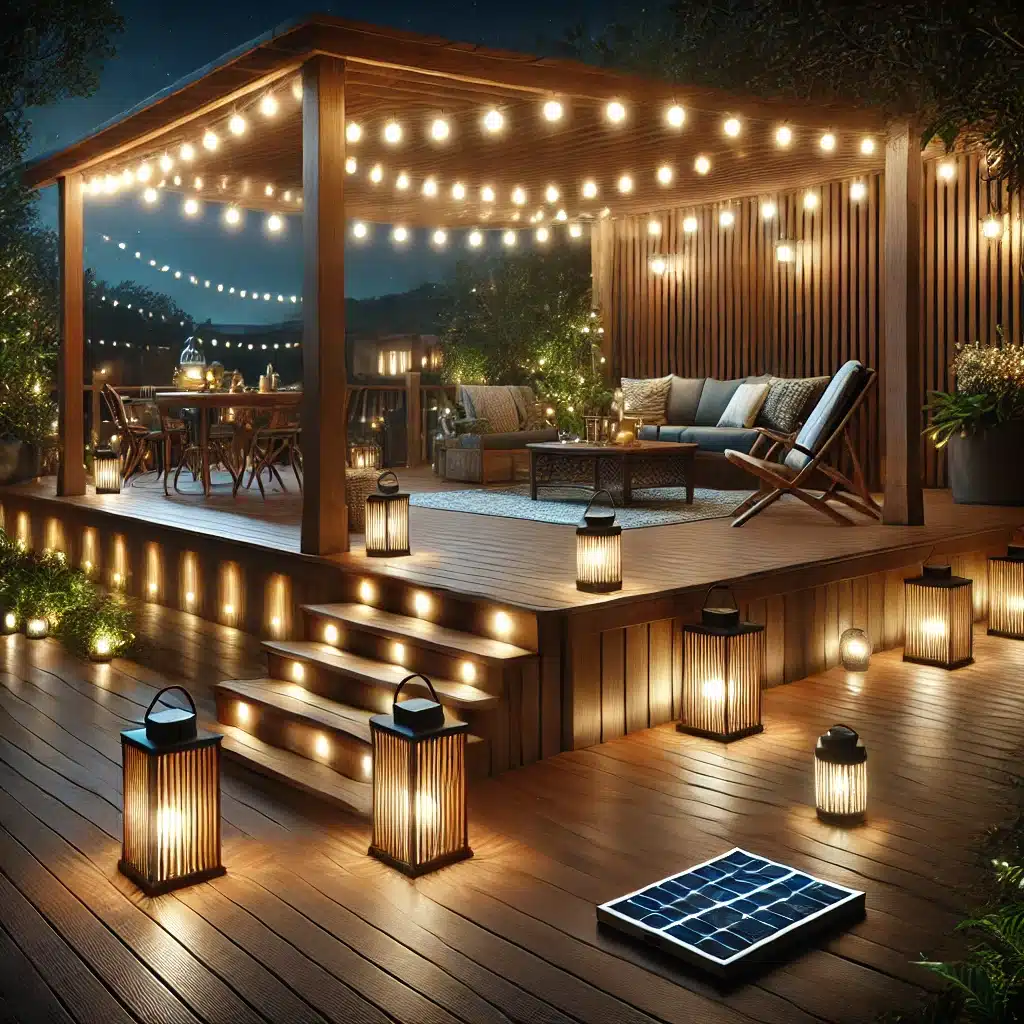 Deck nocturno con luces empotradas y guirnaldas cálidas | Maderas Outlet