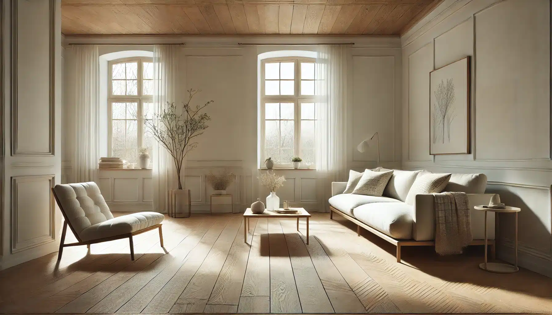 Sala estilo minimalista con piso de madera, decoración sencilla y tonos neutros. Casa de hormigón con estancia de estilo de vida | Maderas Outlet