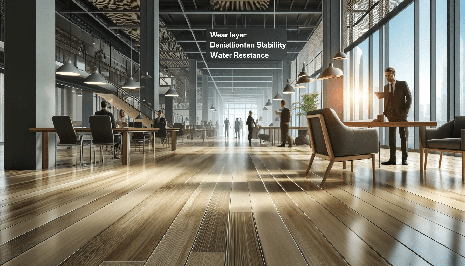 Área de alto tráfico con piso de ingeniería, muebles modernos y mantenimiento regular. | Maderas Outlet