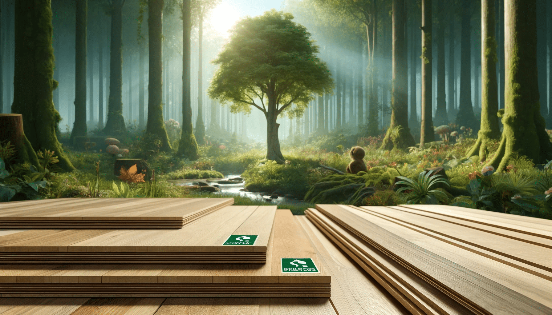 Bosque verde con biodiversidad y tablones de madera certificados FSC y PEFC en primer plano | Maderas Outlet