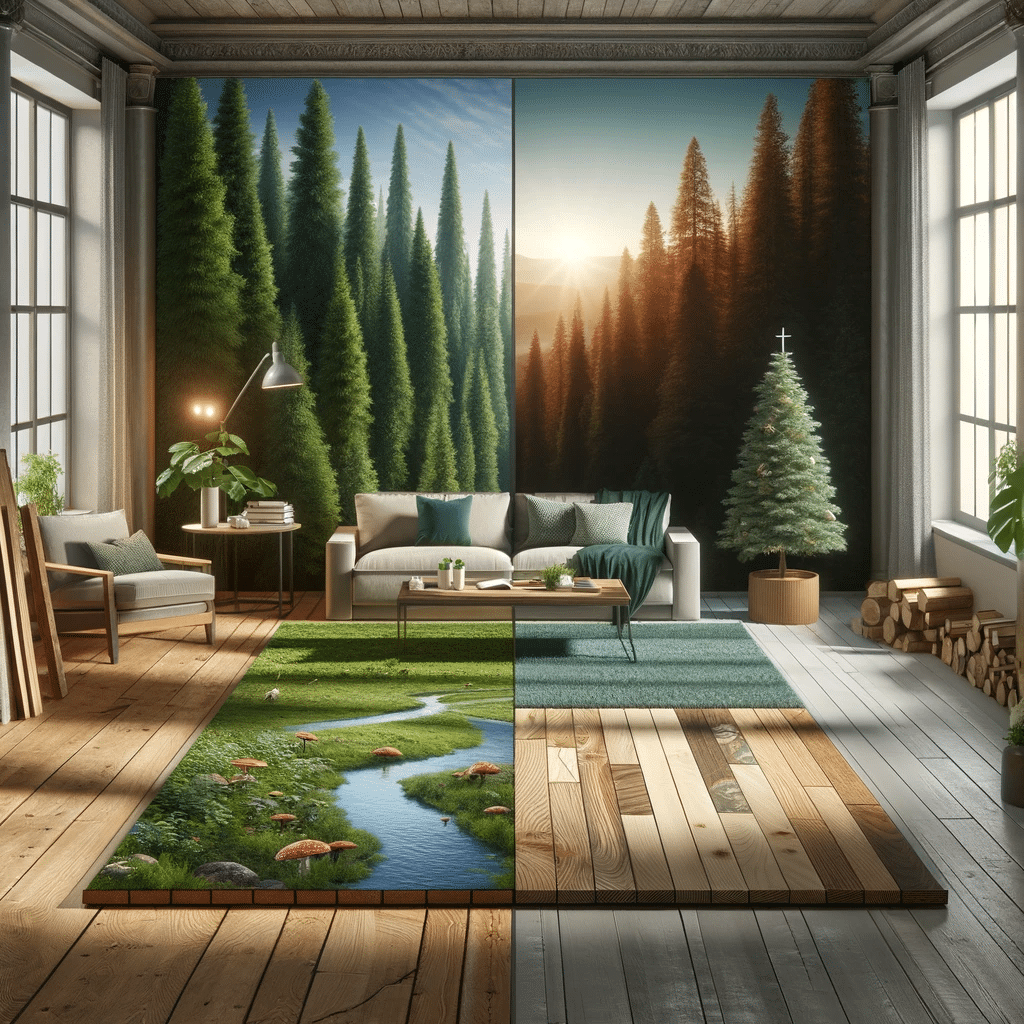 Bosque sostenible y sala con piso ecológico | Maderas Outlet.