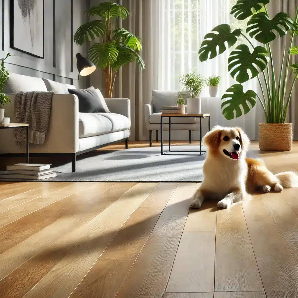 Sala luminosa con piso de madera resistente y perro sentado | Maderas Outlet