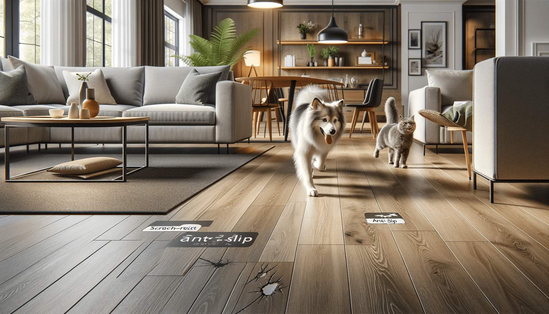 Sala moderna con suelo de ingeniería antiarañazos y antideslizante, perro y gato jugando. Piso de madera sin desgaste con propiedades y color | Maderas Outlet