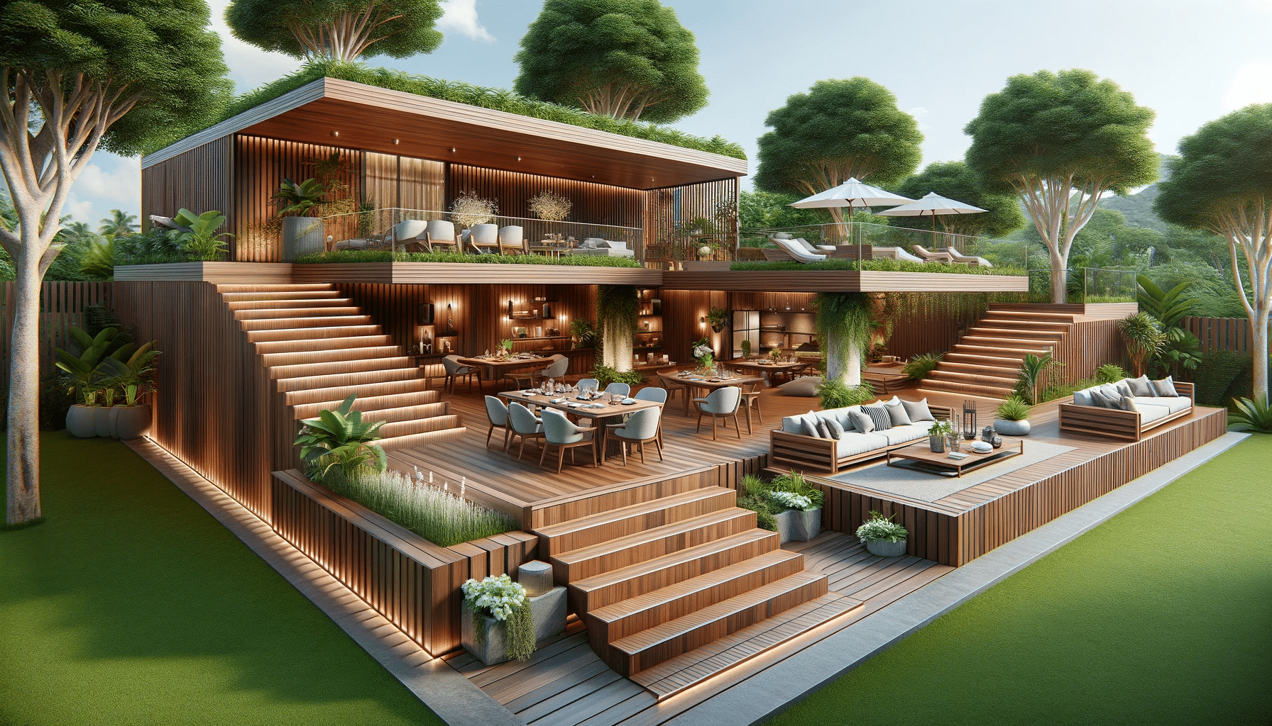 Deck de madera de varios niveles con áreas de comedor y lounge en un entorno natural. Decks material pisos wpc pvc ventajas aire libre espacios construcción casa interior decks pisos | Maderas Outlet