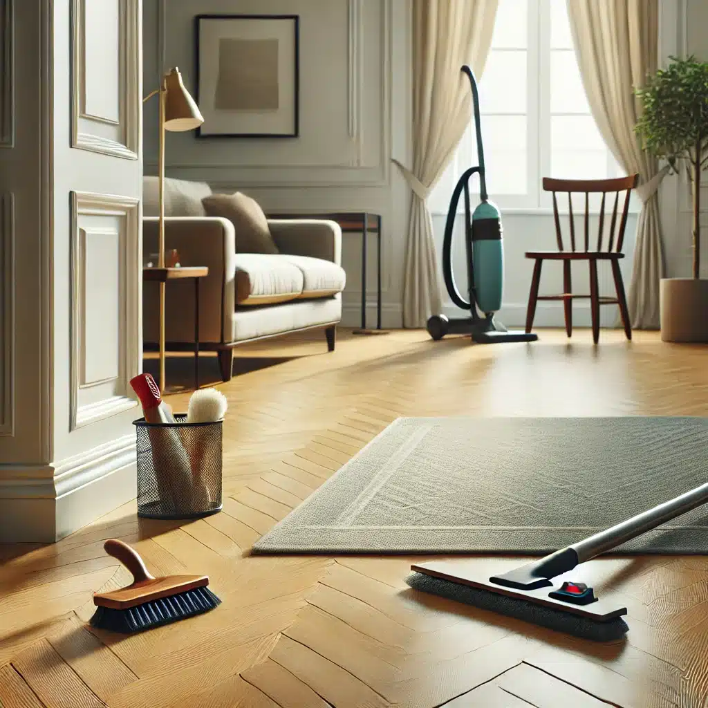 Piso de madera con alfombra y herramientas de limpieza | Maderas Outlet