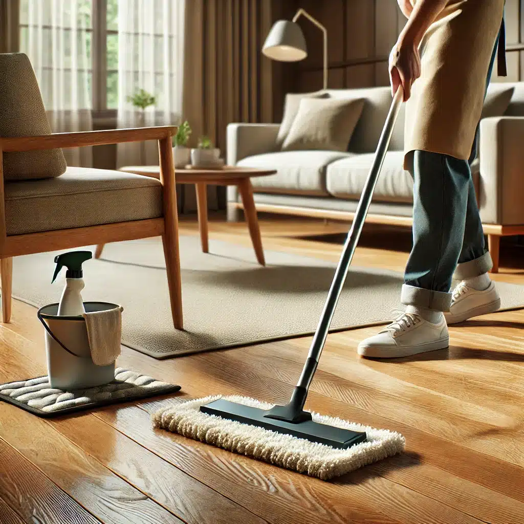Limpieza de piso con trapeador en sala moderna y acogedora | Maderas Outlet