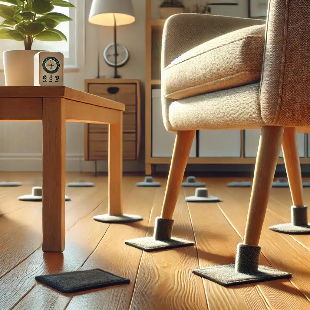 Piso de madera con protectores y control de humedad. Alfombra para evitar exposición | Maderas Outlet