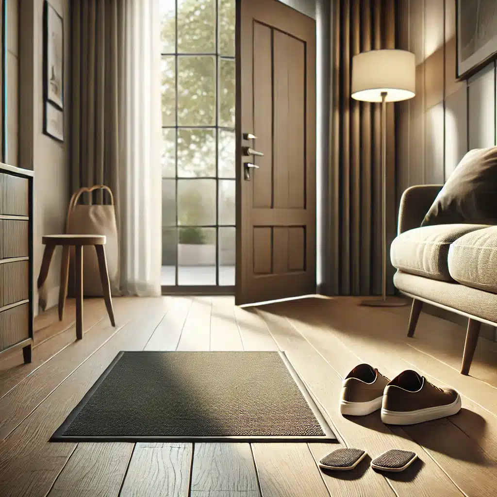 Entrada moderna con tapete para proteger piso de madera | Maderas Outlet