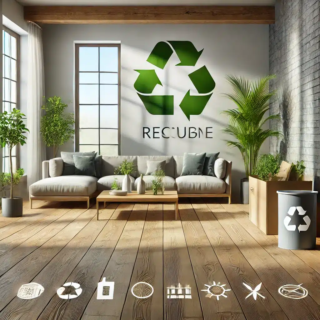 Sala de estar con suelo de madera sostenible, plantas y símbolos eco-amigables | Maderas Outlet