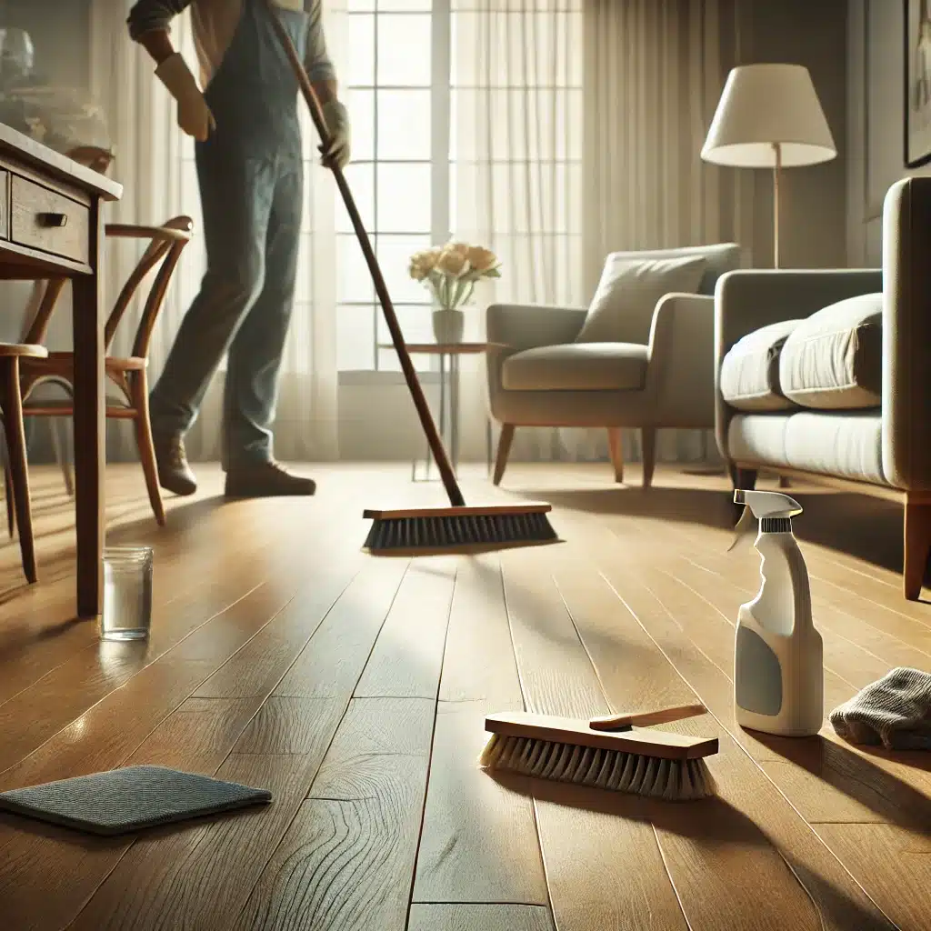 Persona barriendo piso de madera en sala iluminada. Consejos para pisos como en hospitales | Maderas Outlet