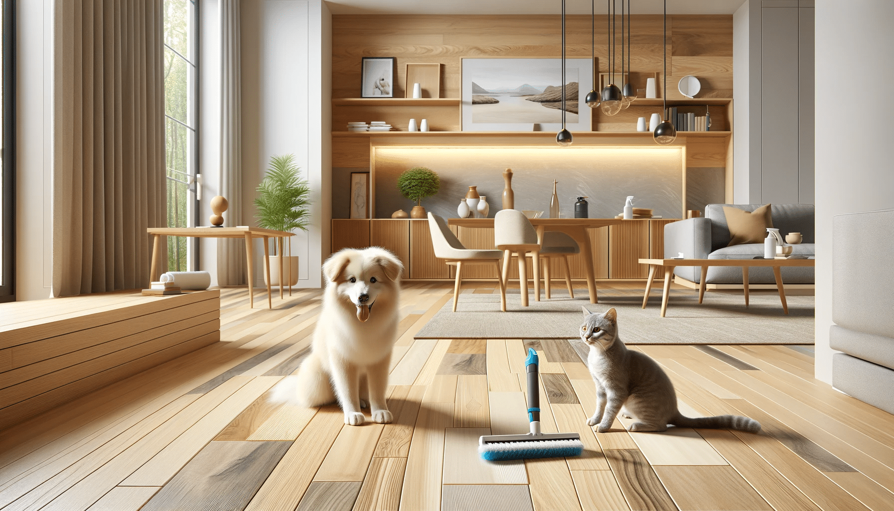 Interior moderno con piso de ingeniería, perro y gato jugando juntos. Calidad de vida con linóleo sin desgaste | Maderas Outlet