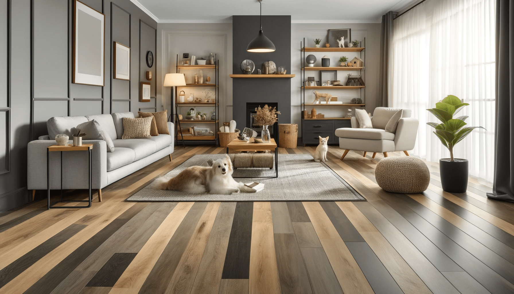 Sala elegante con piso de ingeniería, alfombras resistentes y muebles elevados. Piso laminado para proyecto con perros | Maderas Outlet