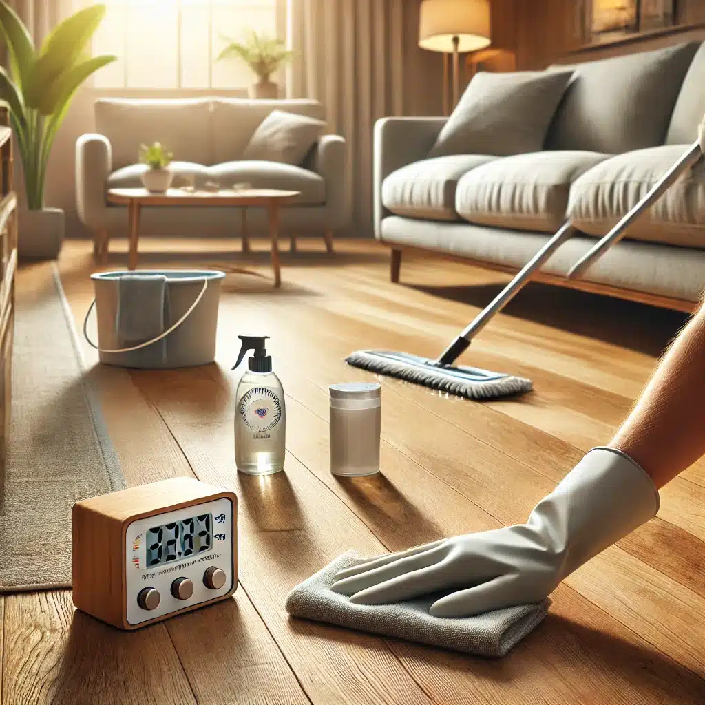 Limpieza suave de suelo de madera con productos específicos y control de humedad | Maderas Outlet