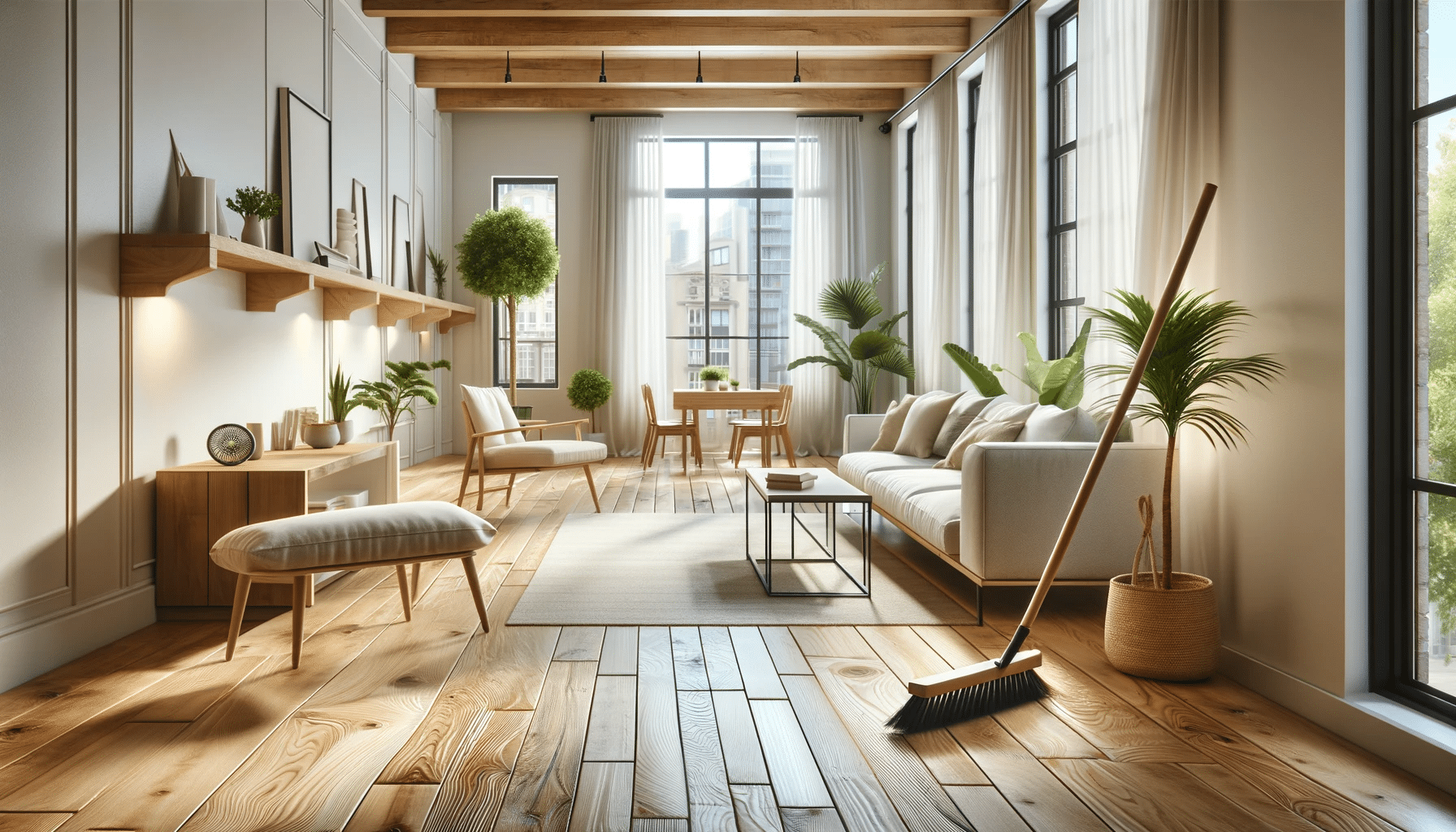 Sala luminosa con suelos y una persona barriendo, ambiente limpio. Construcción en edificios, casa o hogares, espacios de ambientes. | Maderas Outlet