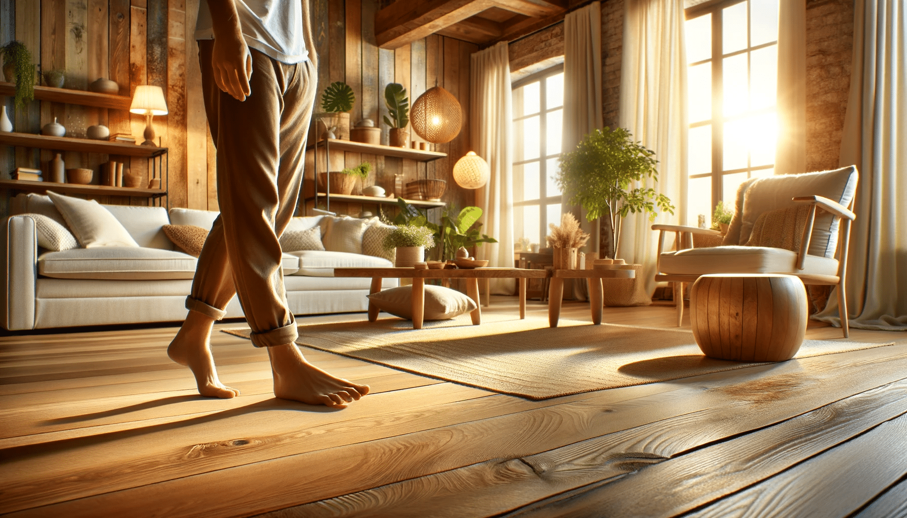 Interior acogedor con piso, persona caminando descalza cómodamente. Medio ambiente en edificios y hogares | Maderas Outlet