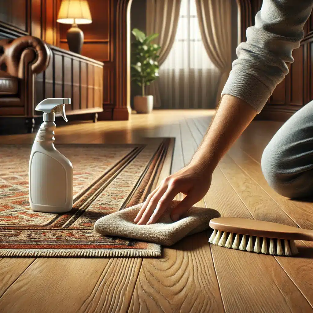 Persona limpiando piso de madera con paño suave | Maderas Outlet