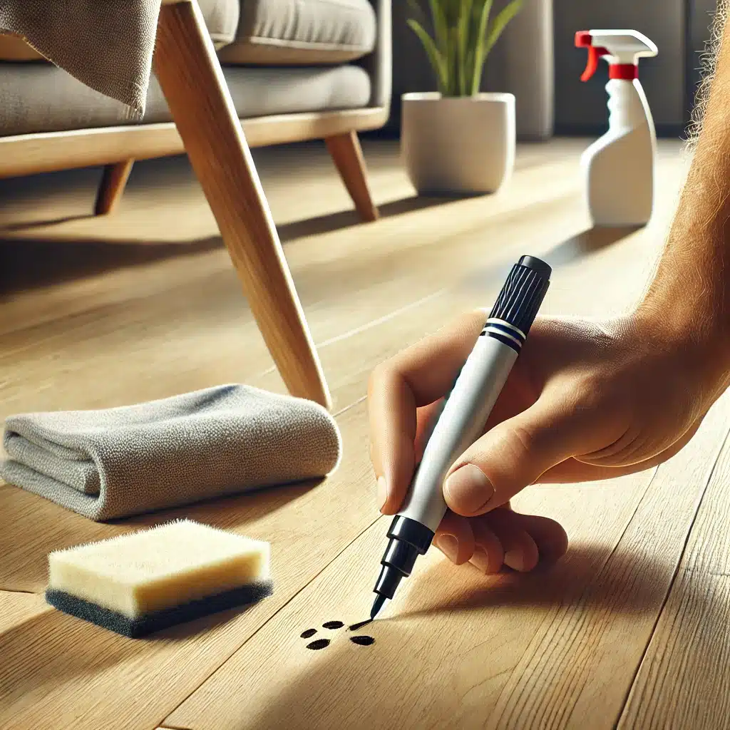 Persona reparando rayón en piso de ingeniería. Alto tráfico en superficie y zonas. | Maderas Outlet