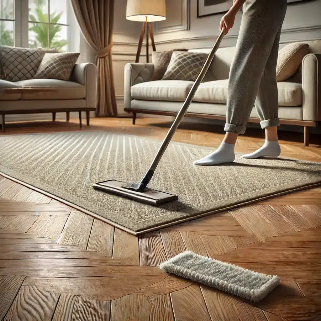 Persona limpiando piso de madera con trapeador suave | Maderas Outlet