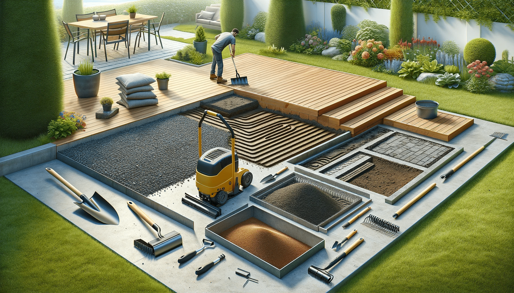 Preparación del terreno para suelos exteriores: limpieza, nivelación, drenaje, compactación. Habitación y casa con azulejos, bridas y cuñas | Maderas Outlet.