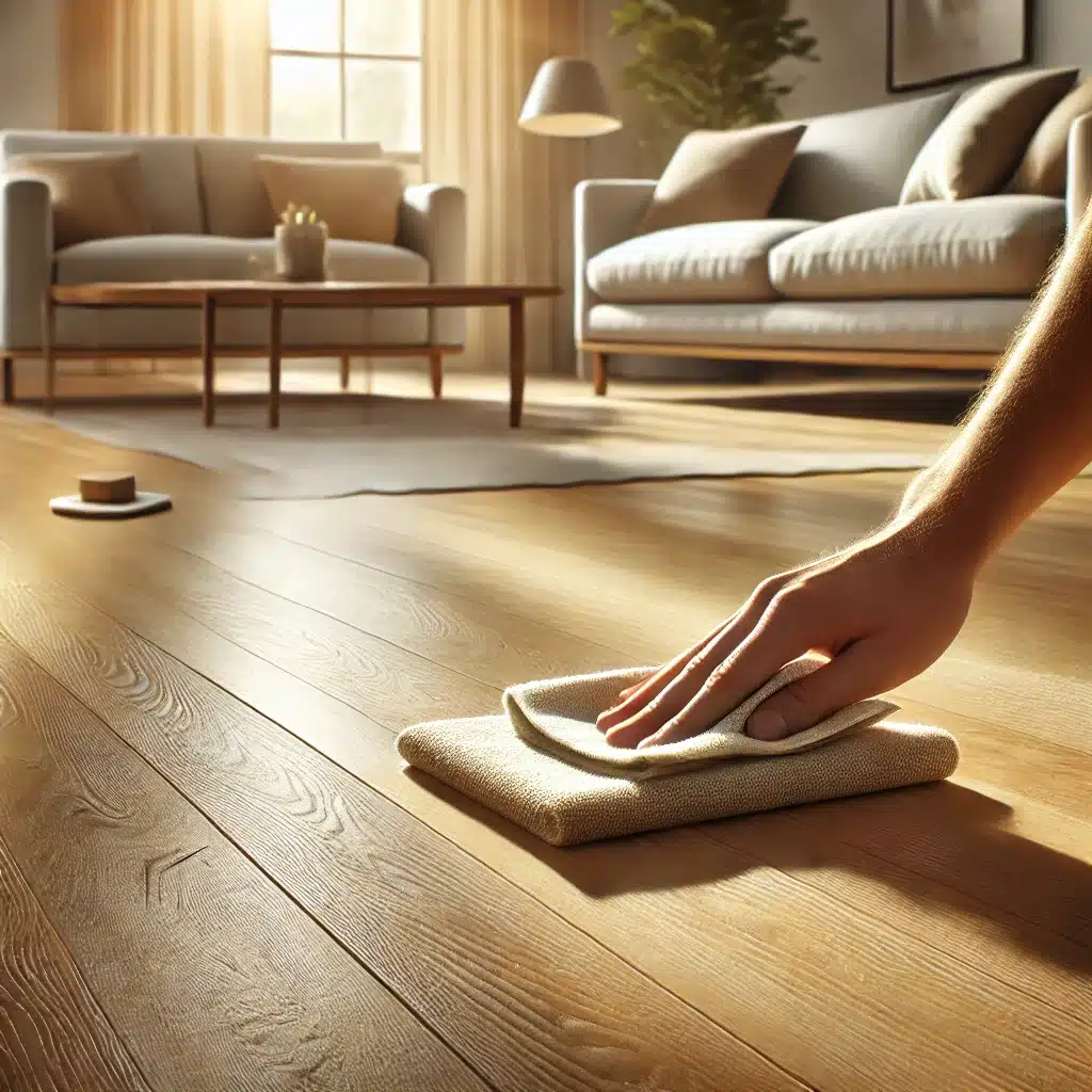 Persona limpiando suelo de ingeniería en casa luminosa | Maderas Outlet