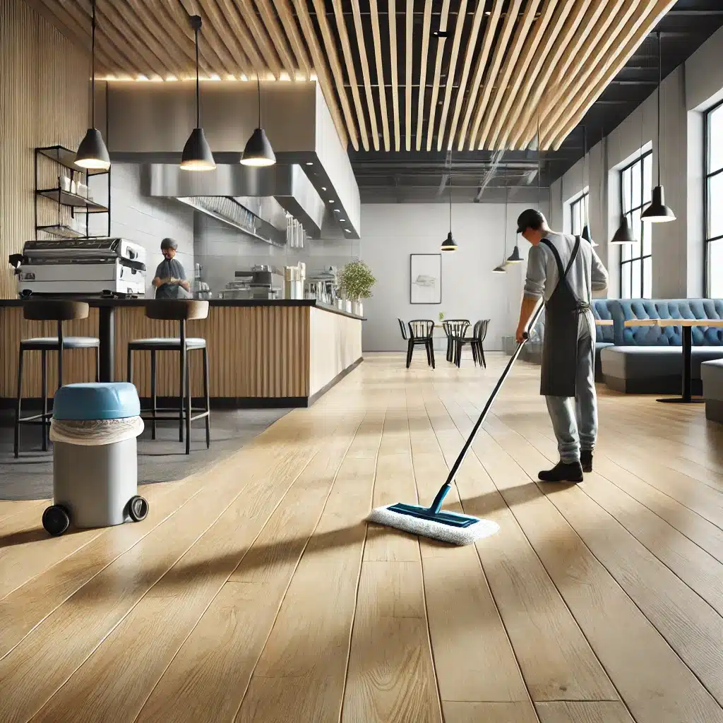 Persona limpiando piso resistente en espacio comercial | Maderas Outlet