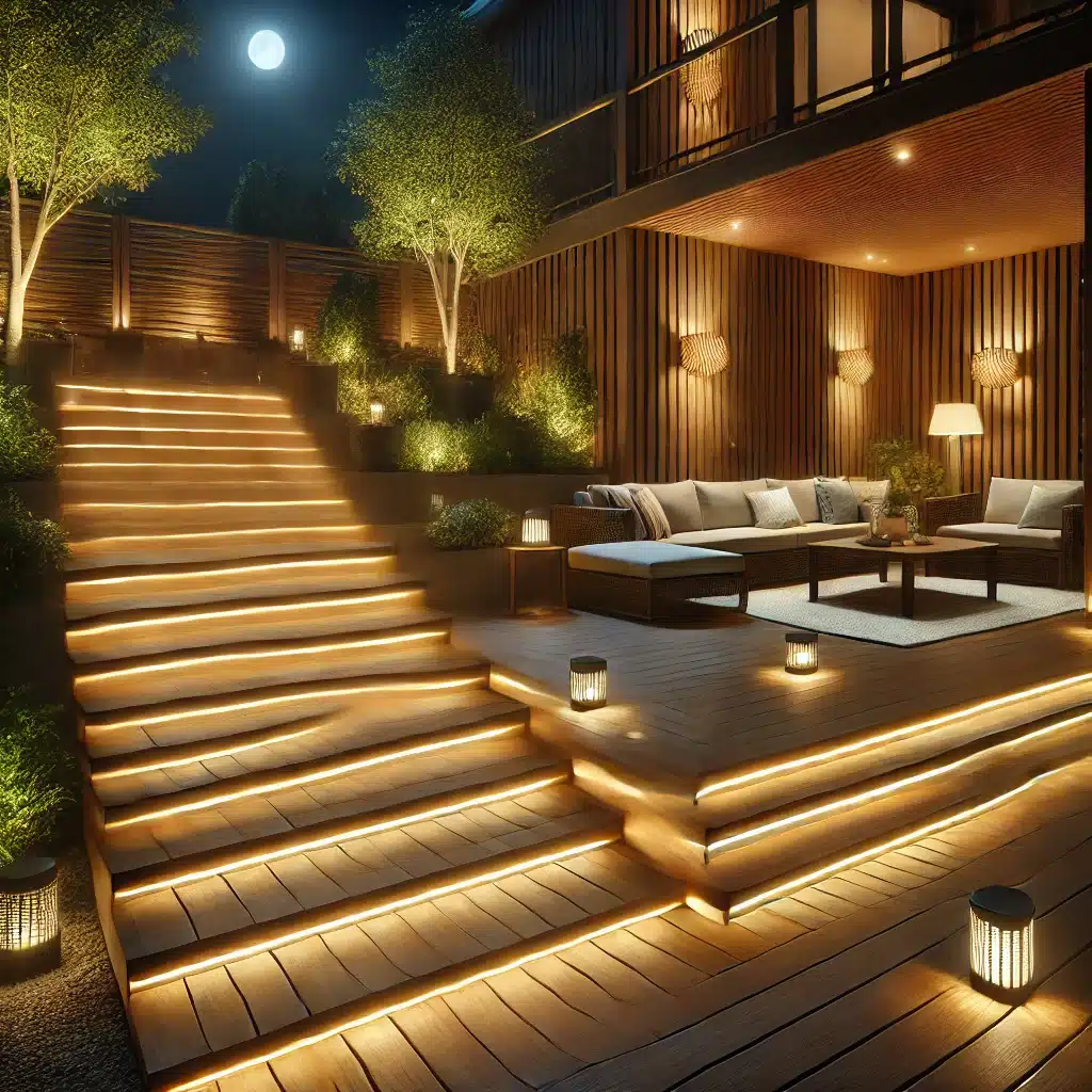 Deck con luces cálidas en escaleras y lámparas decorativas | Maderas Outlet