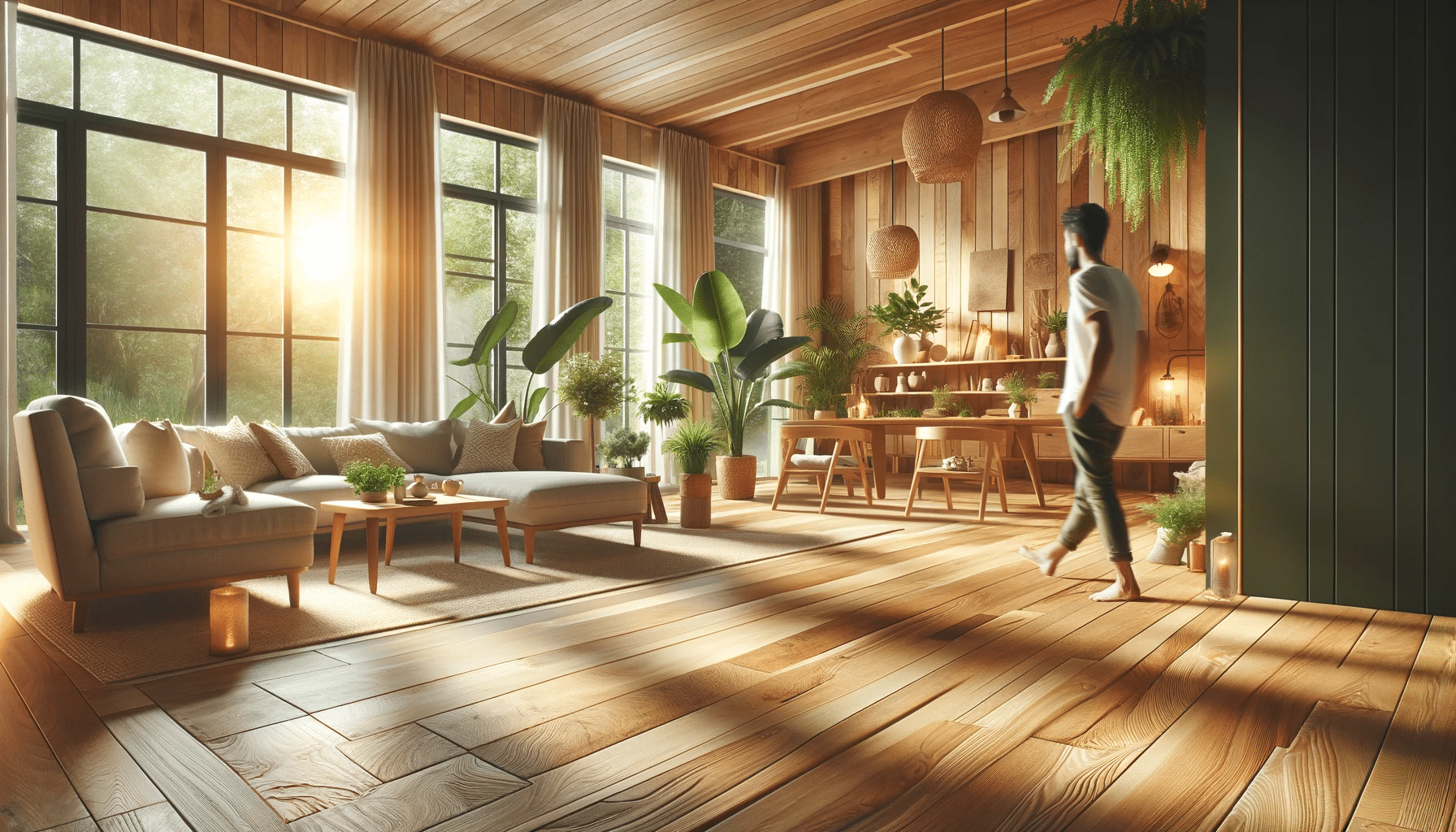 Interior acogedor con suelos de madera, persona descalza, ambiente limpio y sereno | Maderas Outlet