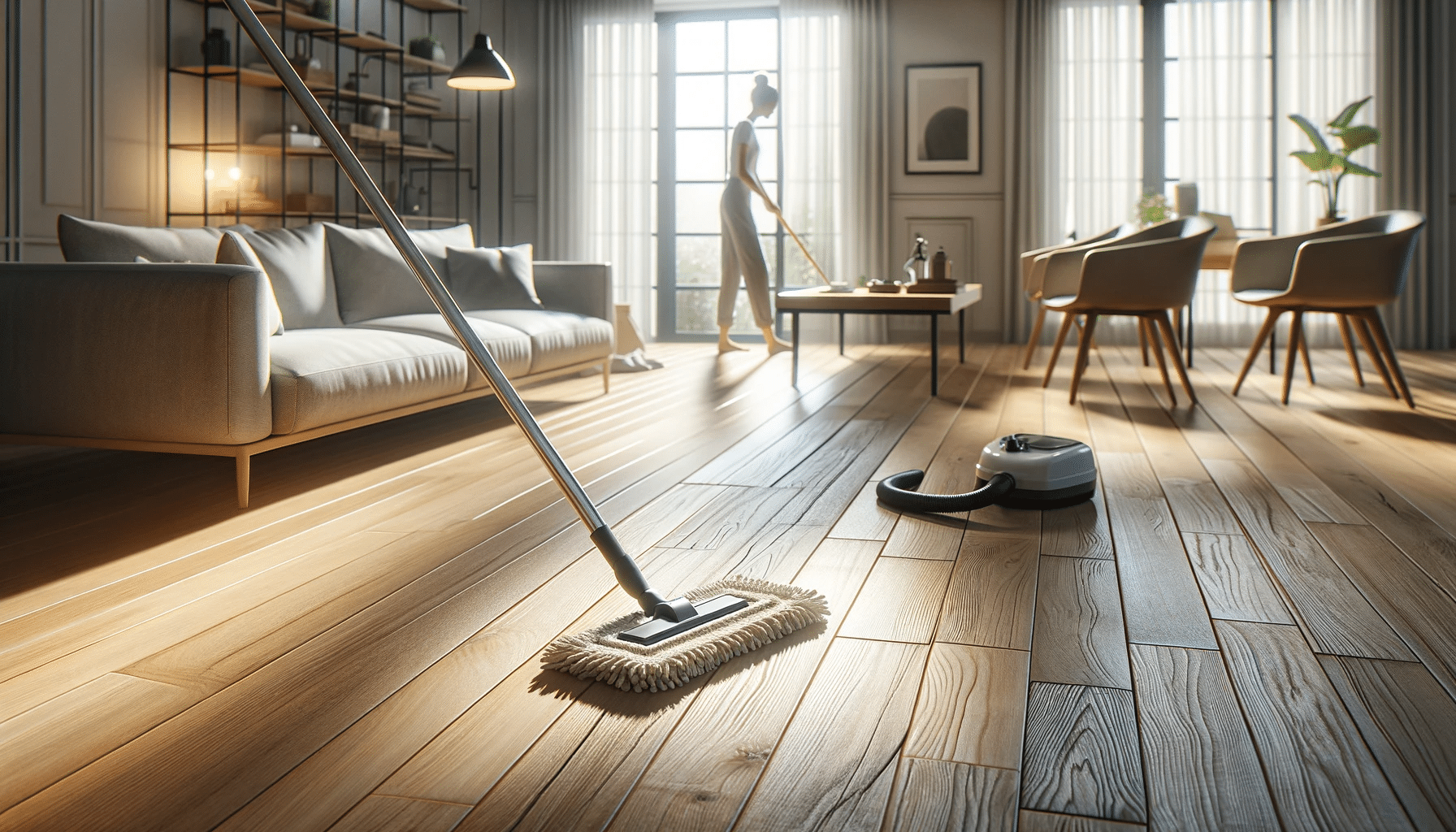 Limpieza de piso de madera certificado con mopa húmeda en sala luminosa | Maderas Outlet