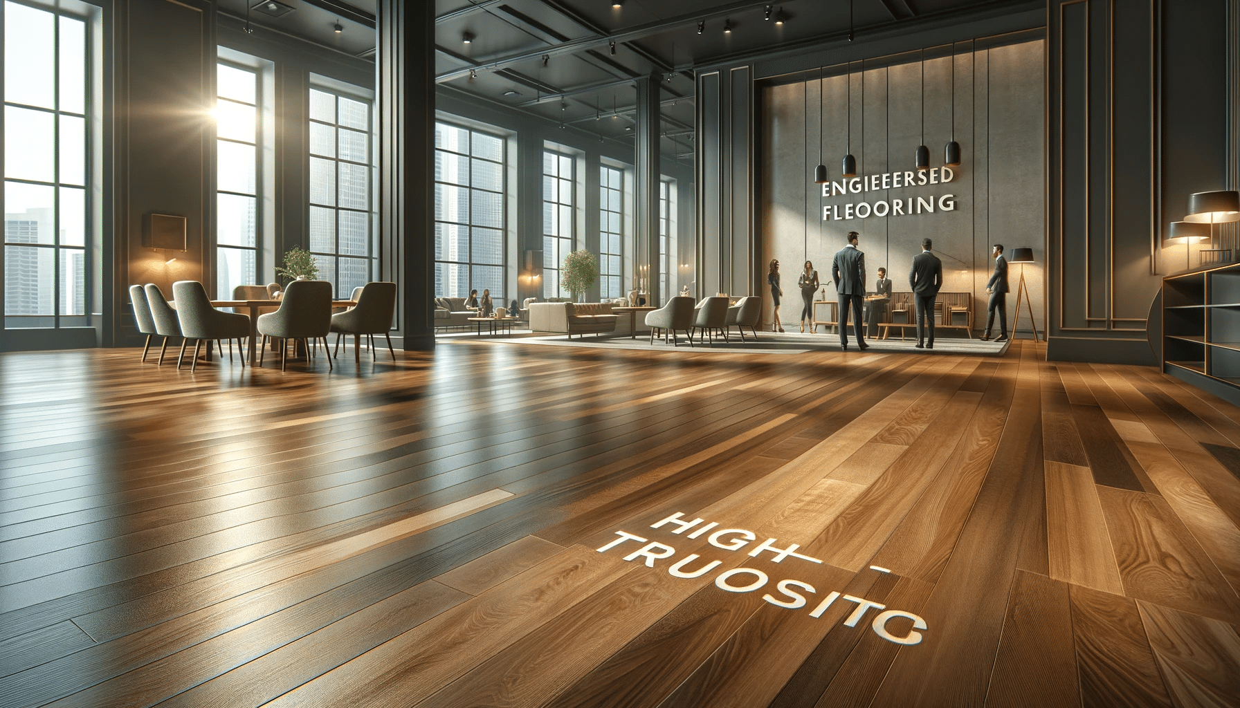 Propiedad comercial con piso de ingeniería, mobiliario moderno y potenciales compradores. | Maderas Outlet