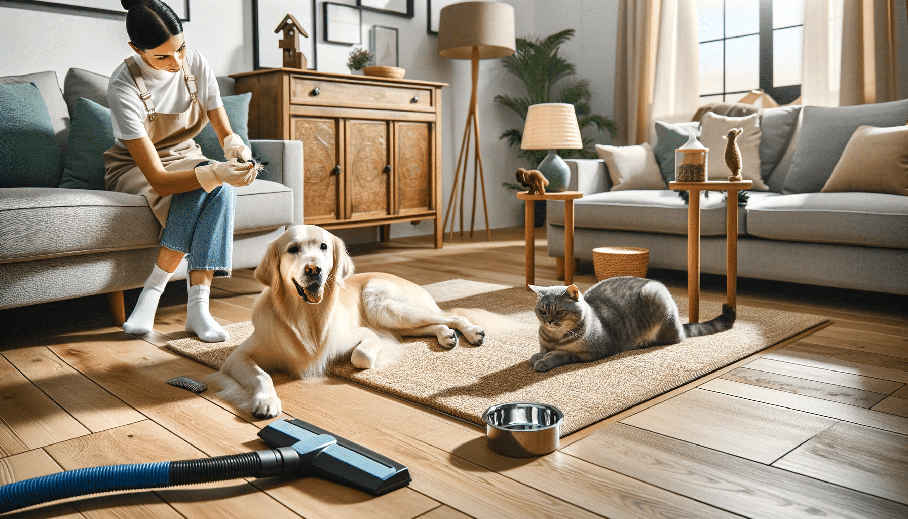 Sala con piso de ingeniería, alfombras, y persona cortando uñas a un perro. Rollo de pisos laminados con instalación de revestimiento. | Maderas Outlet