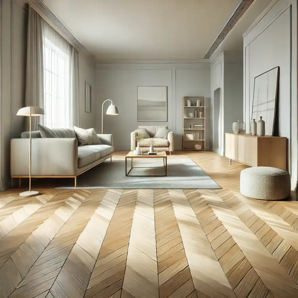 Sala moderna con piso de madera clara en patrón espiga | Maderas Outlet