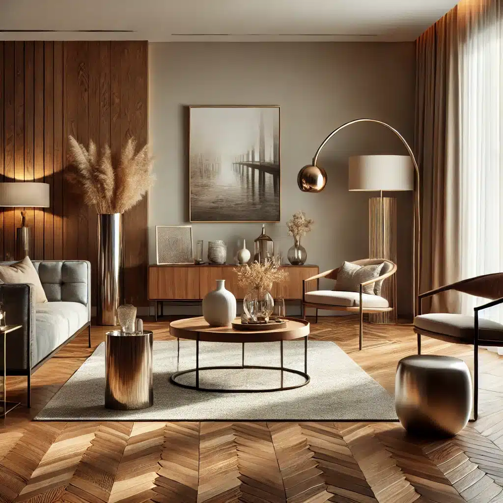 Sala moderna con piso de madera y decoración elegante | Maderas Outlet