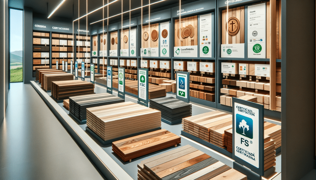 Muestras de pisos de madera certificada con etiquetas de certificación en un showroom. Resultados búsqueda organizaciones iso ingenierÃa construcción sistema estándar cambio climático empresa paÃses sistemas espacios | Maderas Outlet