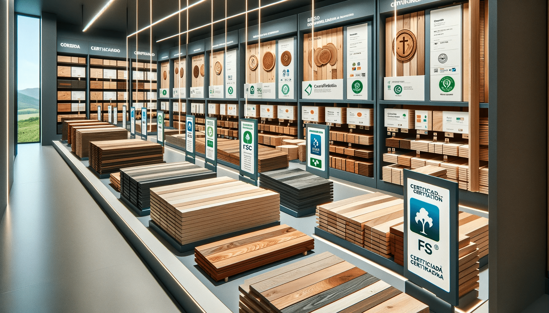 Muestras de pisos de madera certificada con etiquetas de certificación en un showroom. Resultados búsqueda organizaciones iso ingeniería construcción sistema estándar cambio climático empresa países sistemas espacios | Maderas Outlet
