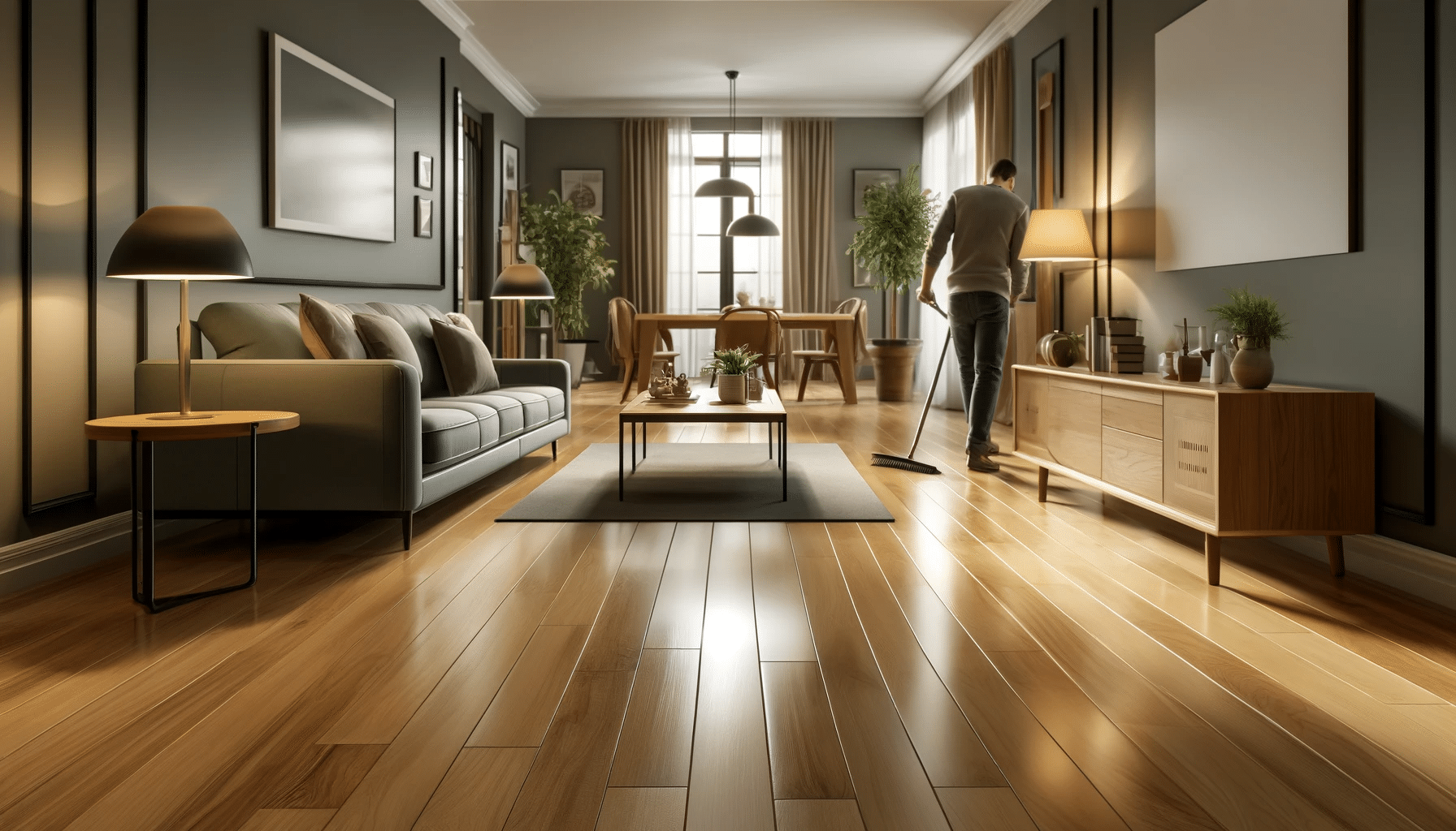 Sala con pisos de maderas pulida, muebles modernos y una persona barriendo el suelo. La historia y evolución de los pisos de madera a lo largo de los años | Maderas Outlet.