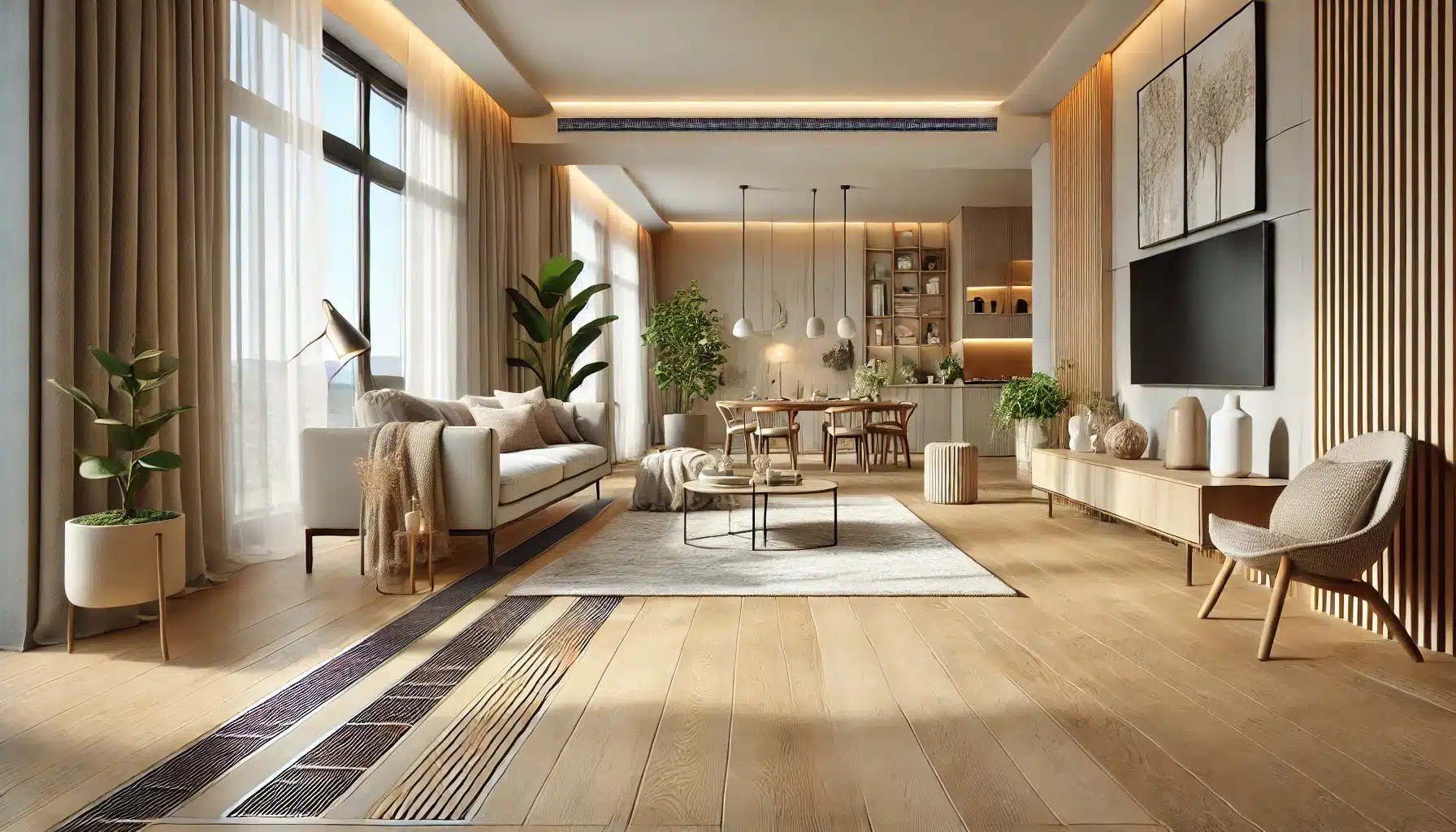 Diseño de interiores con suelo radiante y pisos de madera clara y oscura en sala moderna | Maderas Outlet.