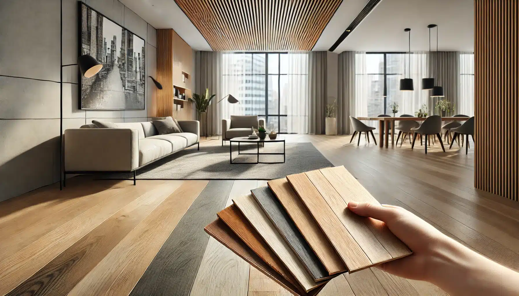 Muestras de madera en tonos claros y oscuros en sala moderna | Maderas Outlet