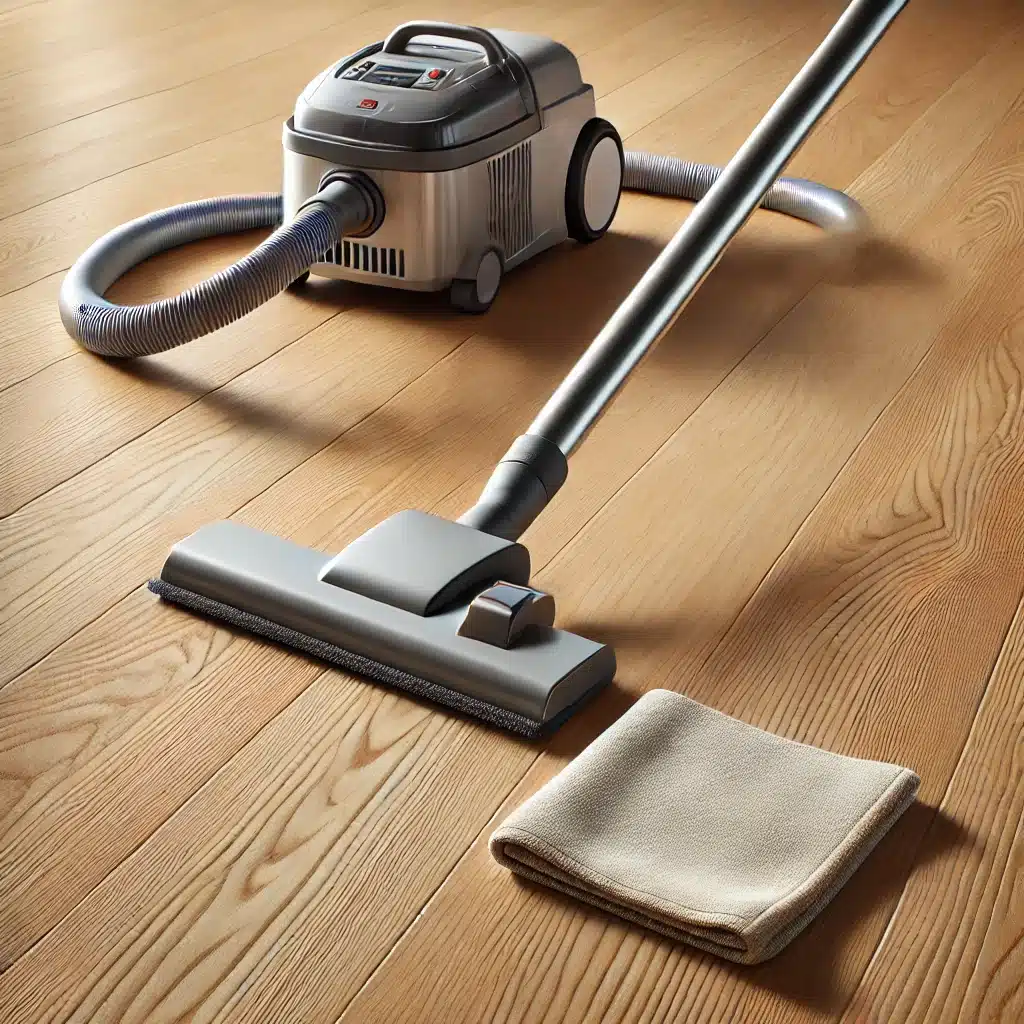 Piso de madera con paño de microfibra y aspiradora suave | Maderas Outlet