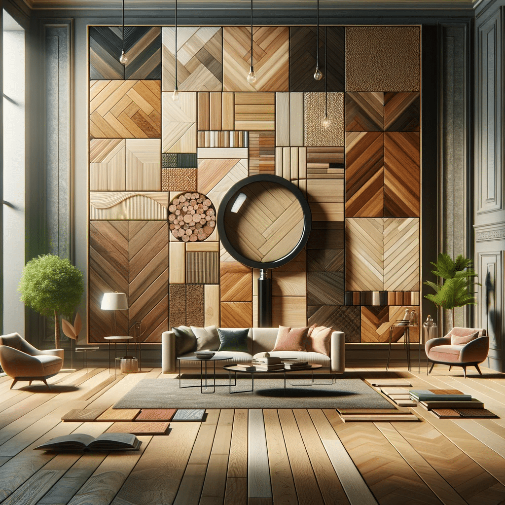 Alt text: Interior sofisticado con variedad de pisos de madera. Piso de madera departamento de instalación de madera de ingeniería y tabla | Maderas Outlet.